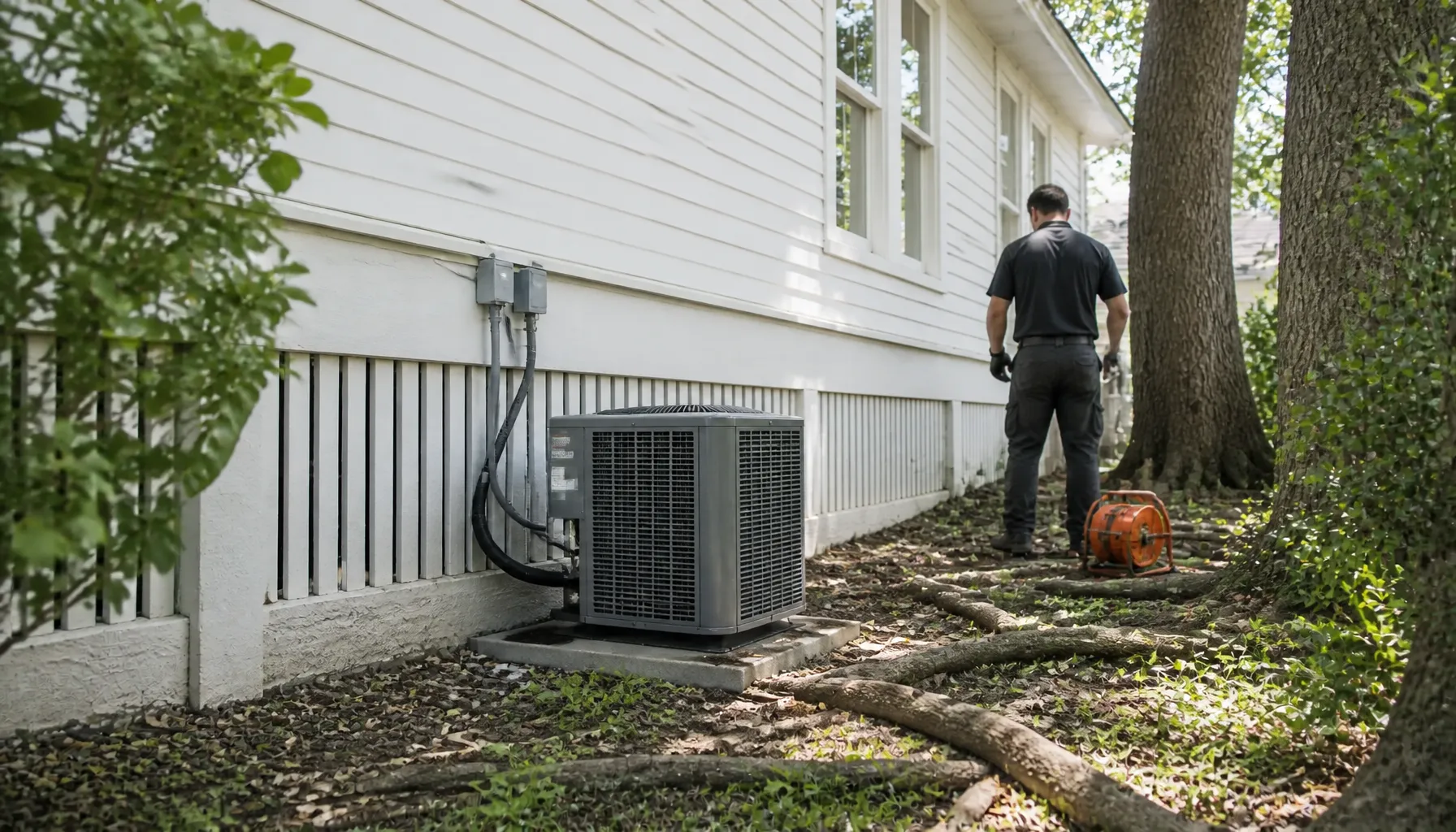 Condenser tucked against pier-and-beam skirting in the side yard of a Travis Heights bungalow