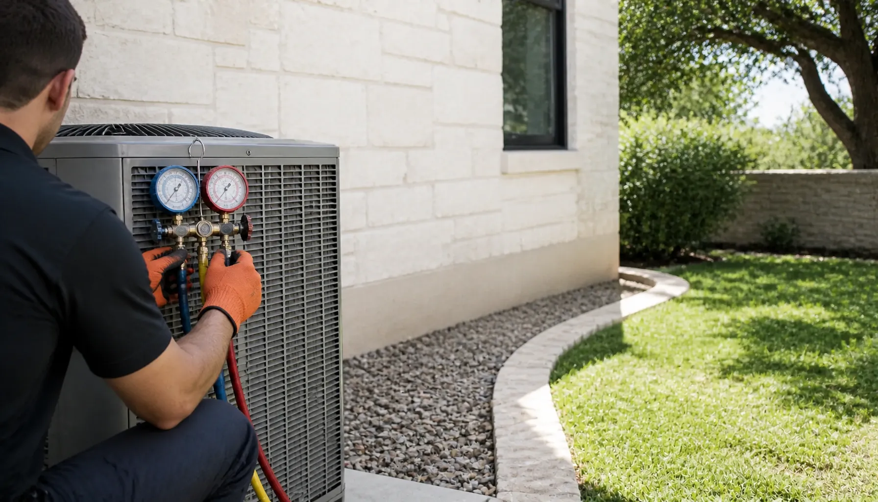 Gloved hands reading refrigerant gauges hung on an outdoor condenser by a limestone wall