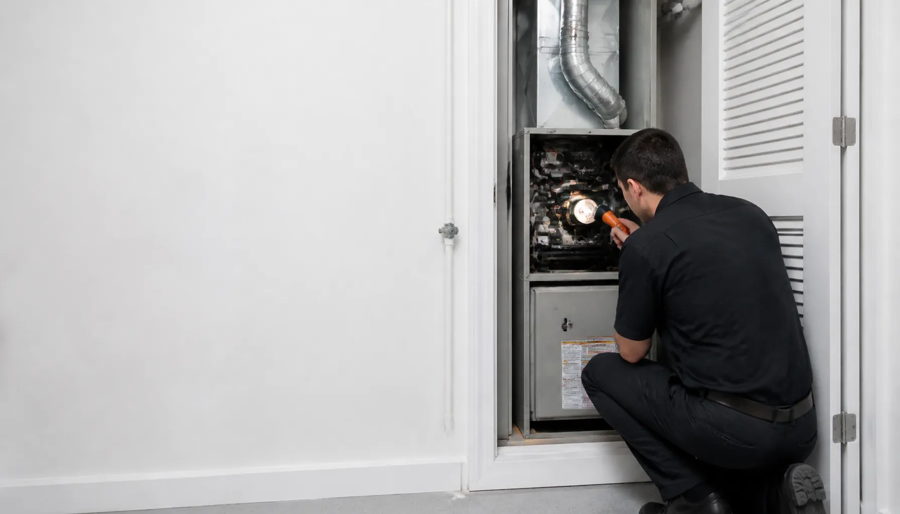 Flashlight beam into an open gas furnace cabinet in a white utility closet