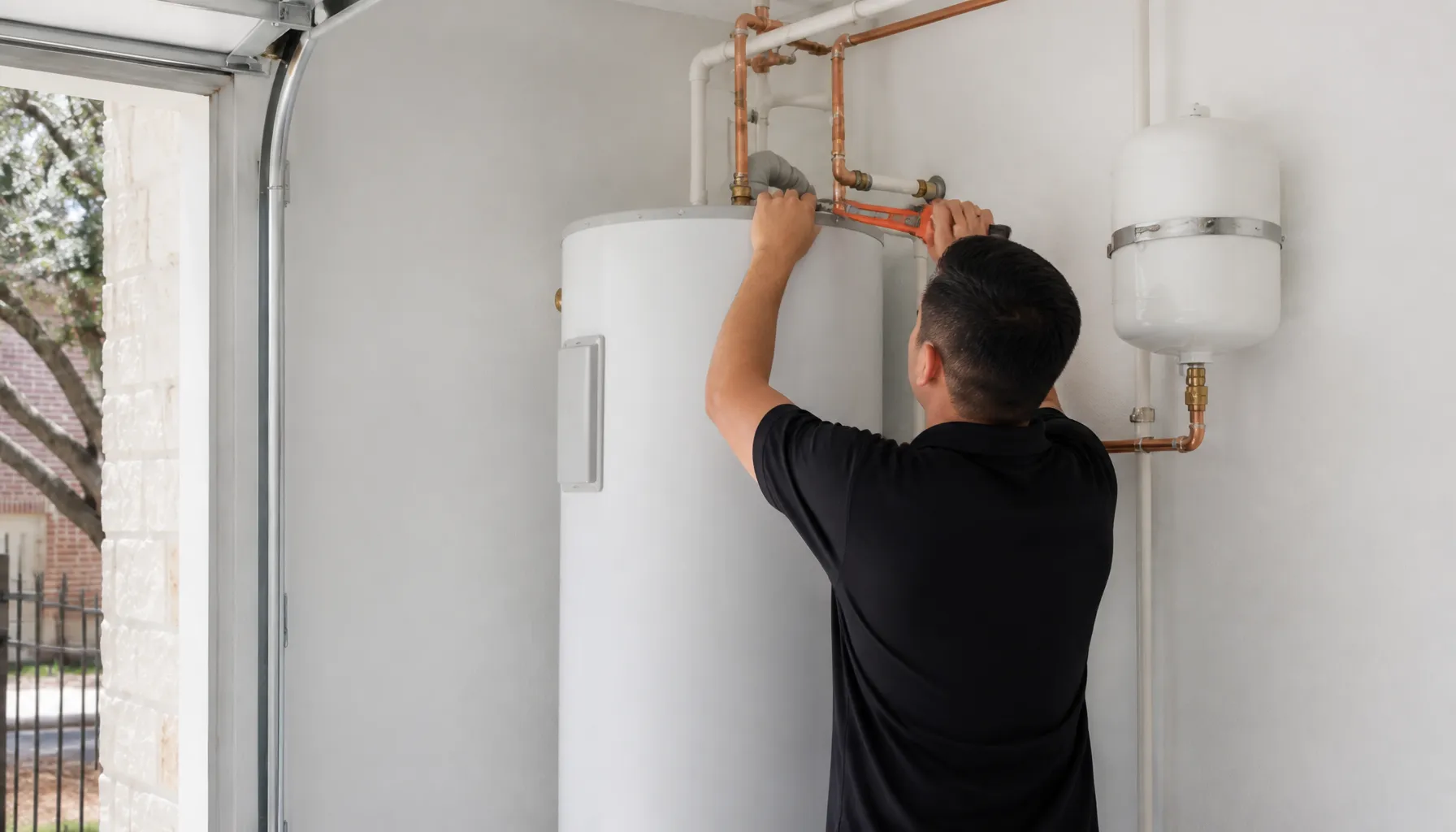 Fittings being tightened on a tall heat pump water heater in a pale grey garage