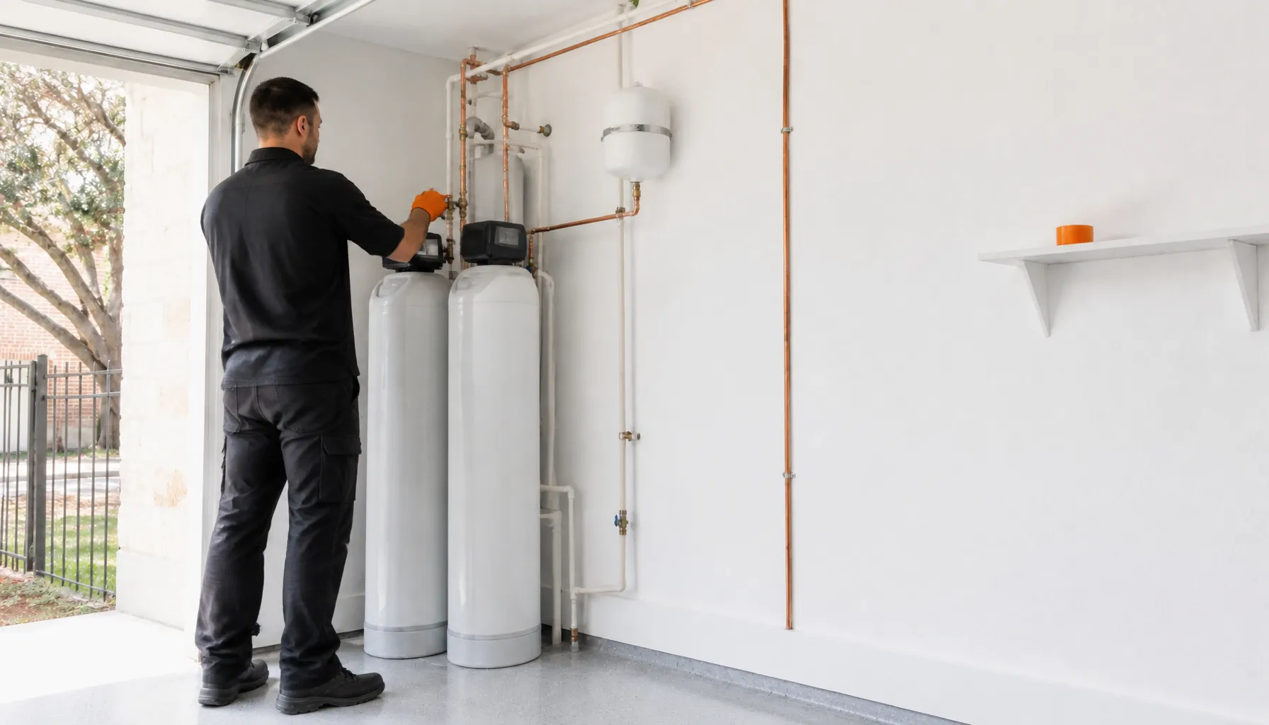Orange-gloved hands on the bypass valve of a two-tank water softener by a garage water line