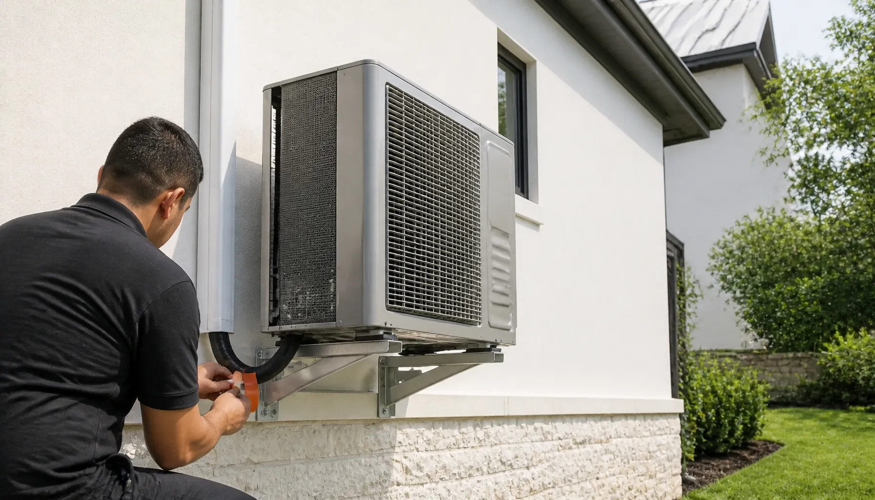 Technician fitting a line-set cover on a heat pump outdoor unit beside a Hill Country modern house