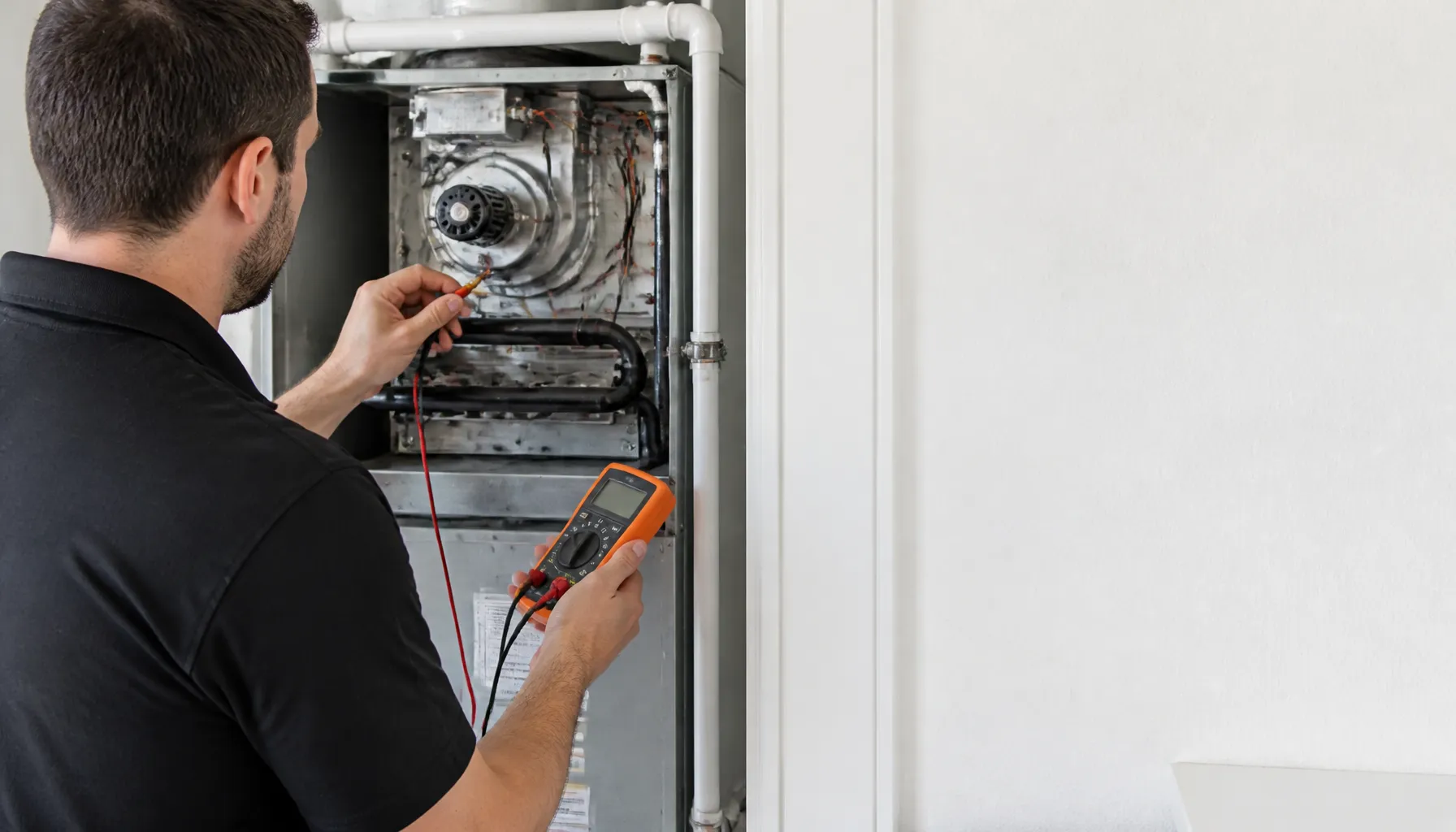 Multimeter leads on a furnace flame sensor in a white utility closet