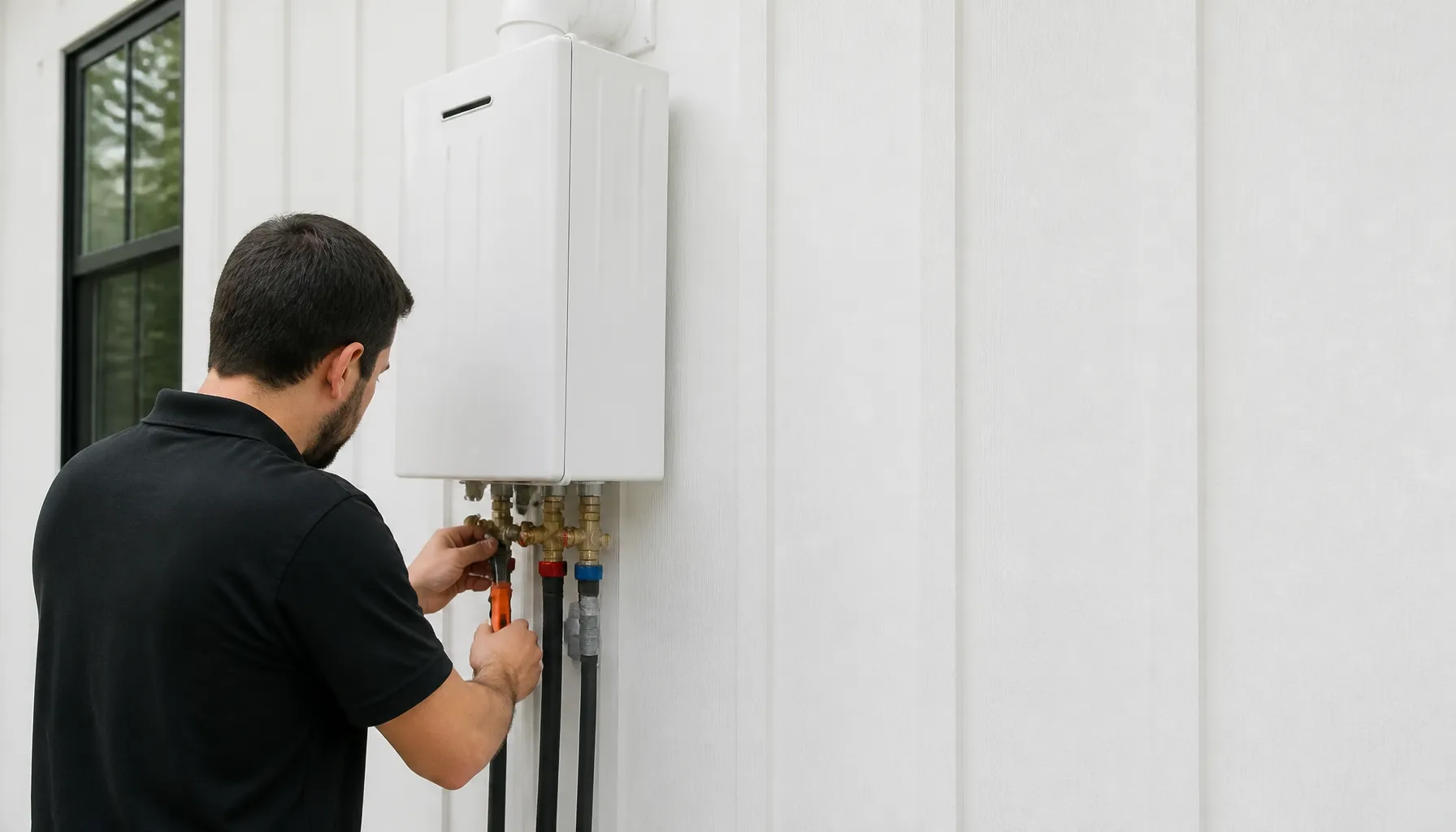Isolation valves going onto a wall-mounted tankless water heater on a white exterior wall