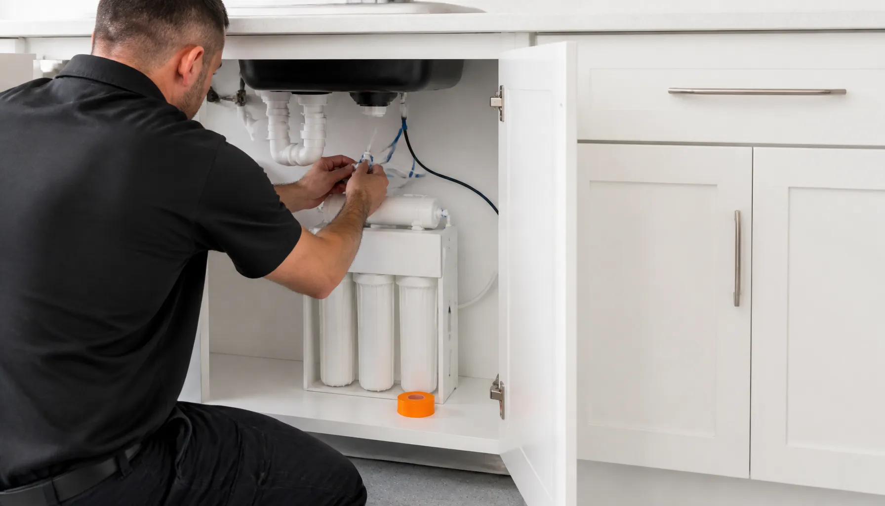 Hands fitting a line on an under-sink reverse osmosis unit in a white kitchen cabinet