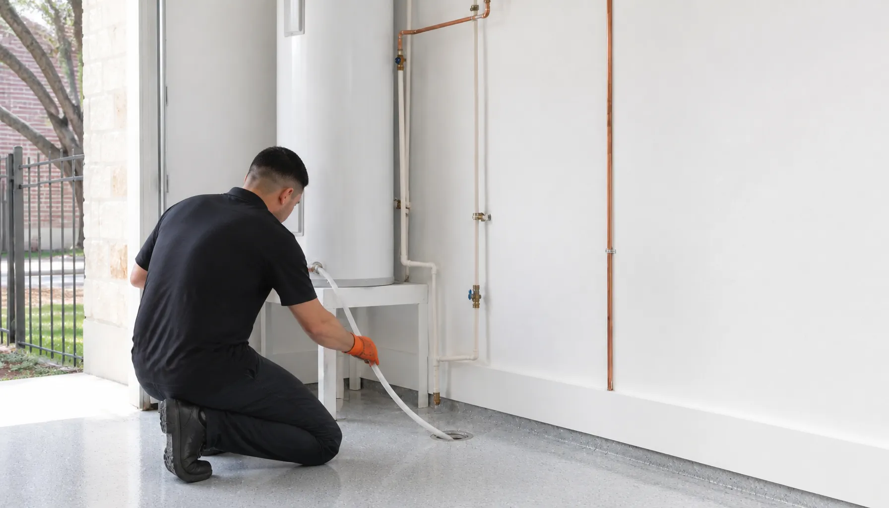 Technician kneeling to drain a 50-gallon tank water heater to a floor drain in a pale garage