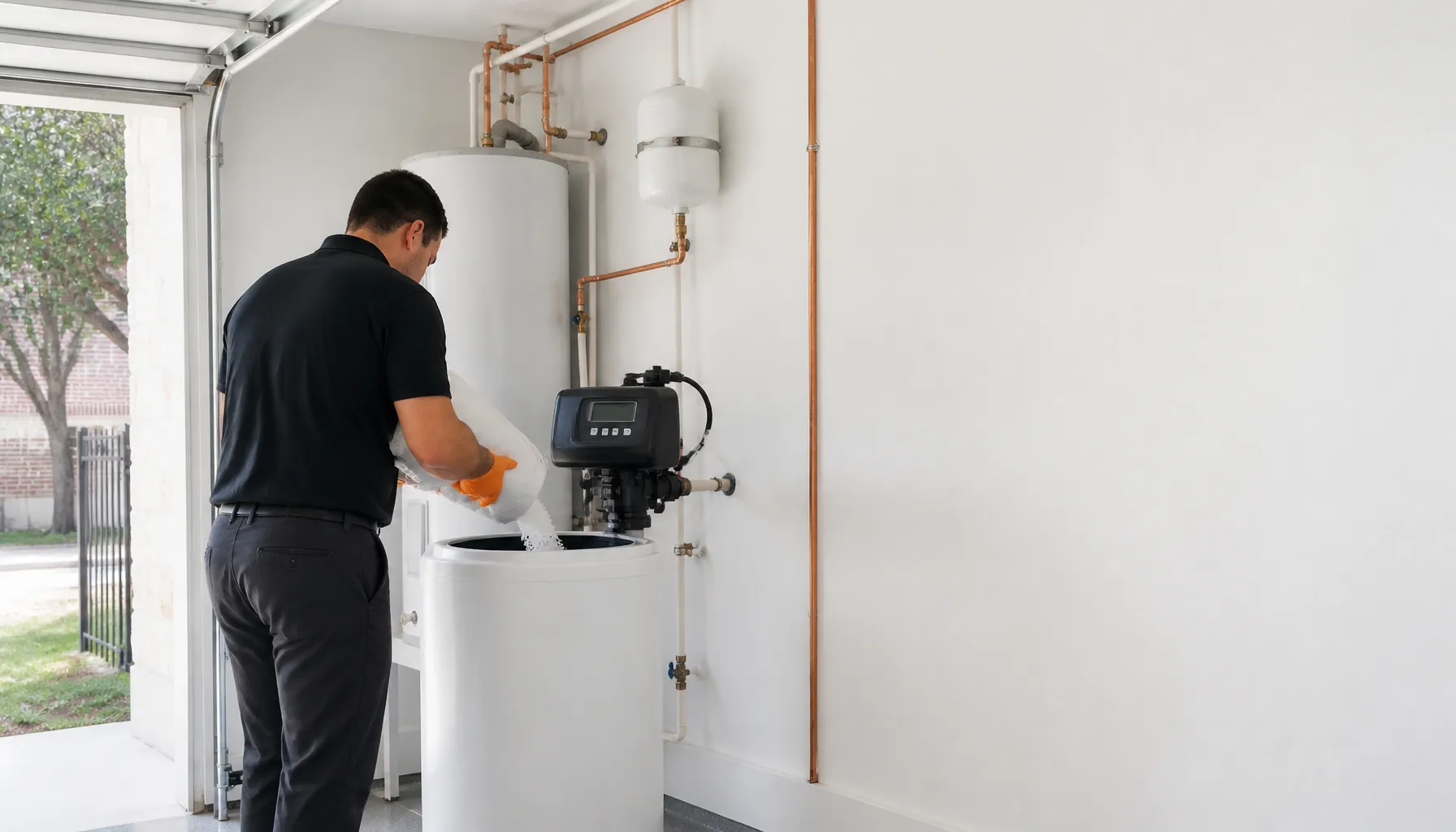 Salt pellets pouring into a brine tank beside a water softener control head