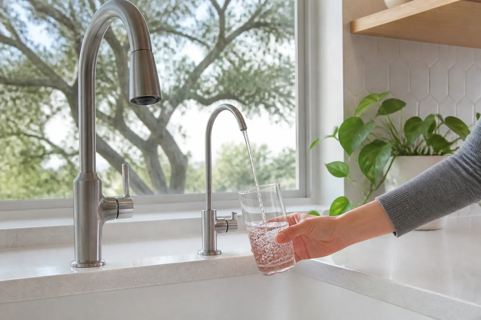 Filtered water filling a glass at a kitchen sink