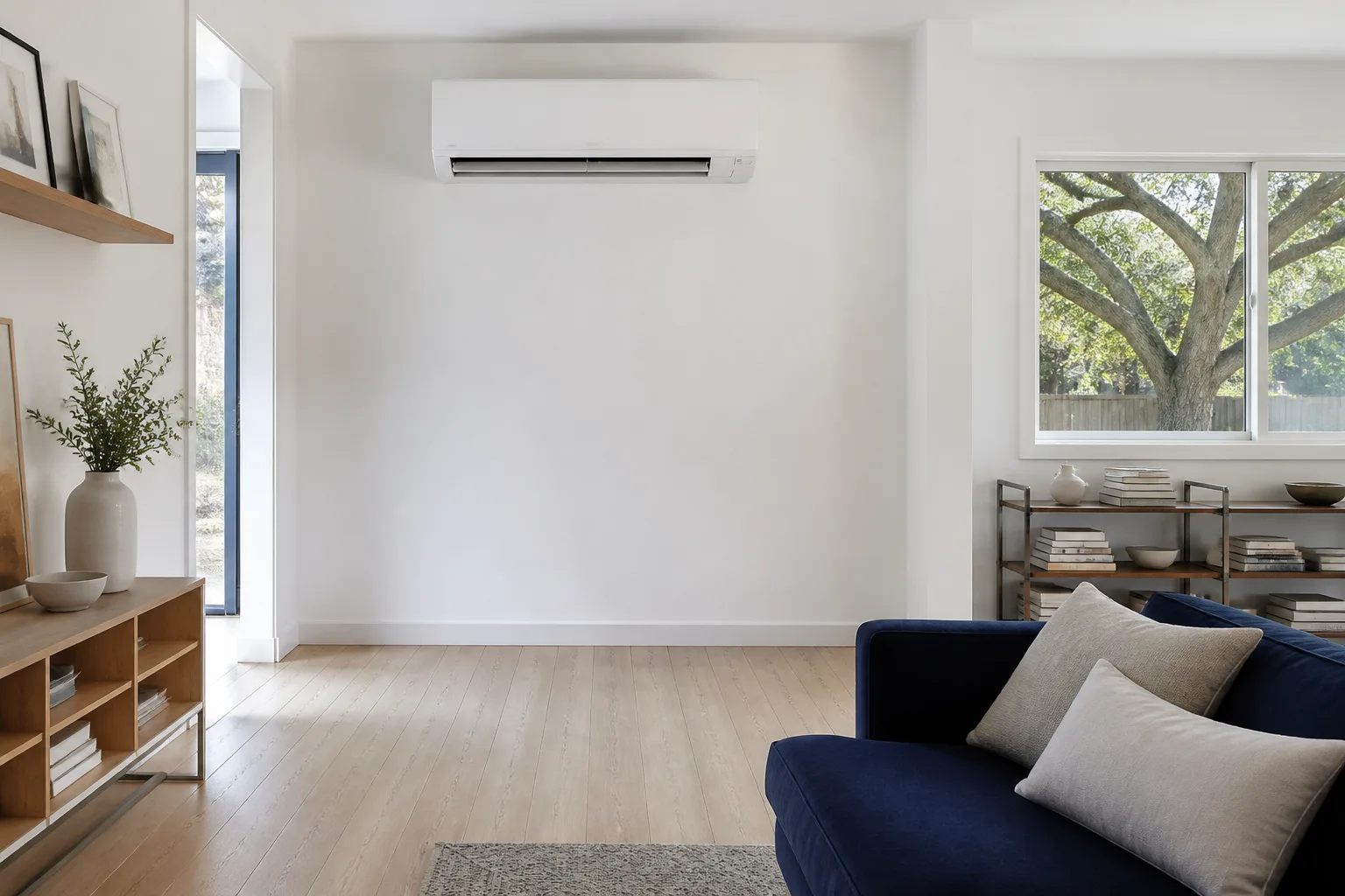 Ductless mini-split heat pump on a living room wall
