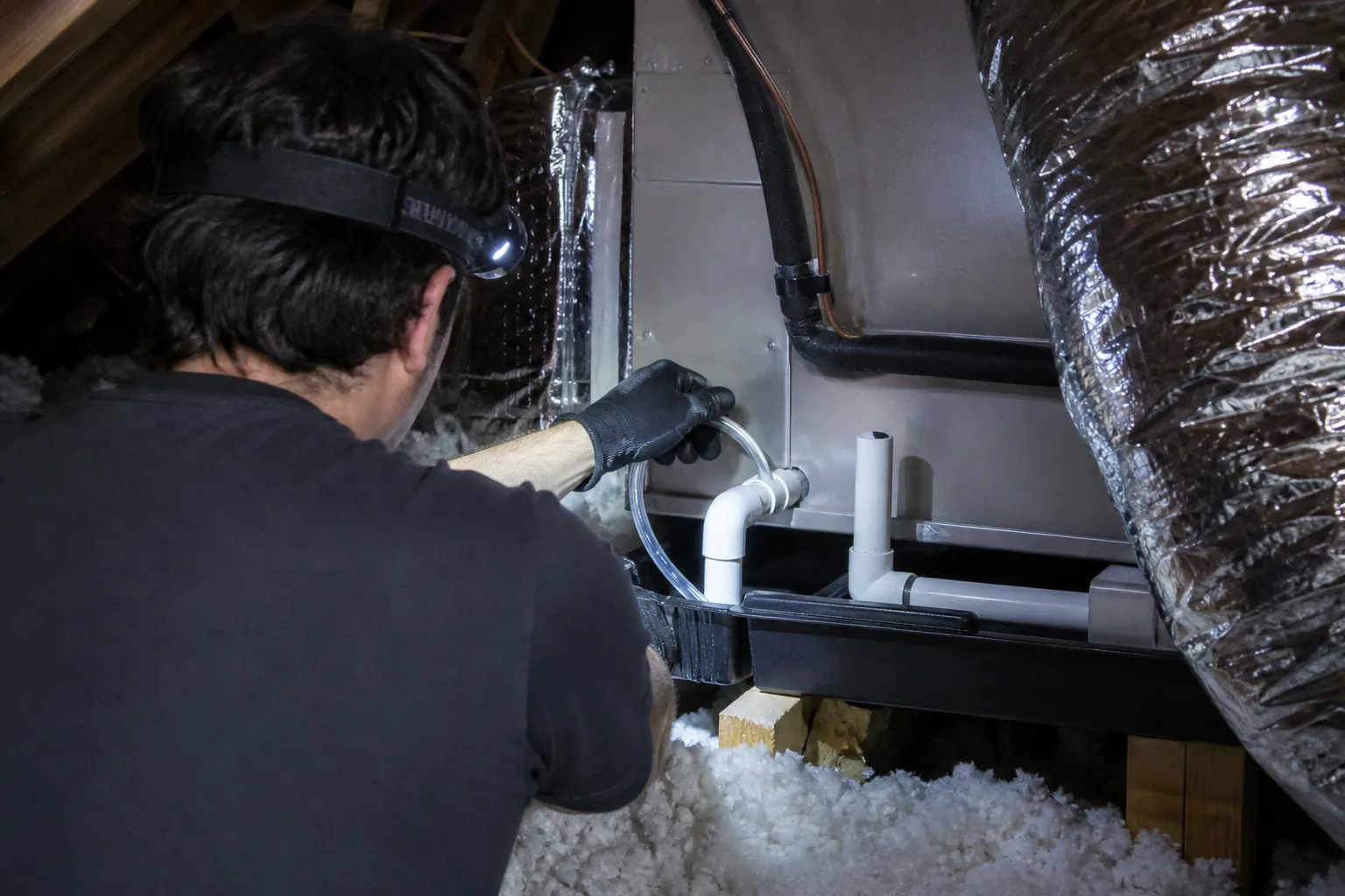 Technician flushing an attic AC drain line