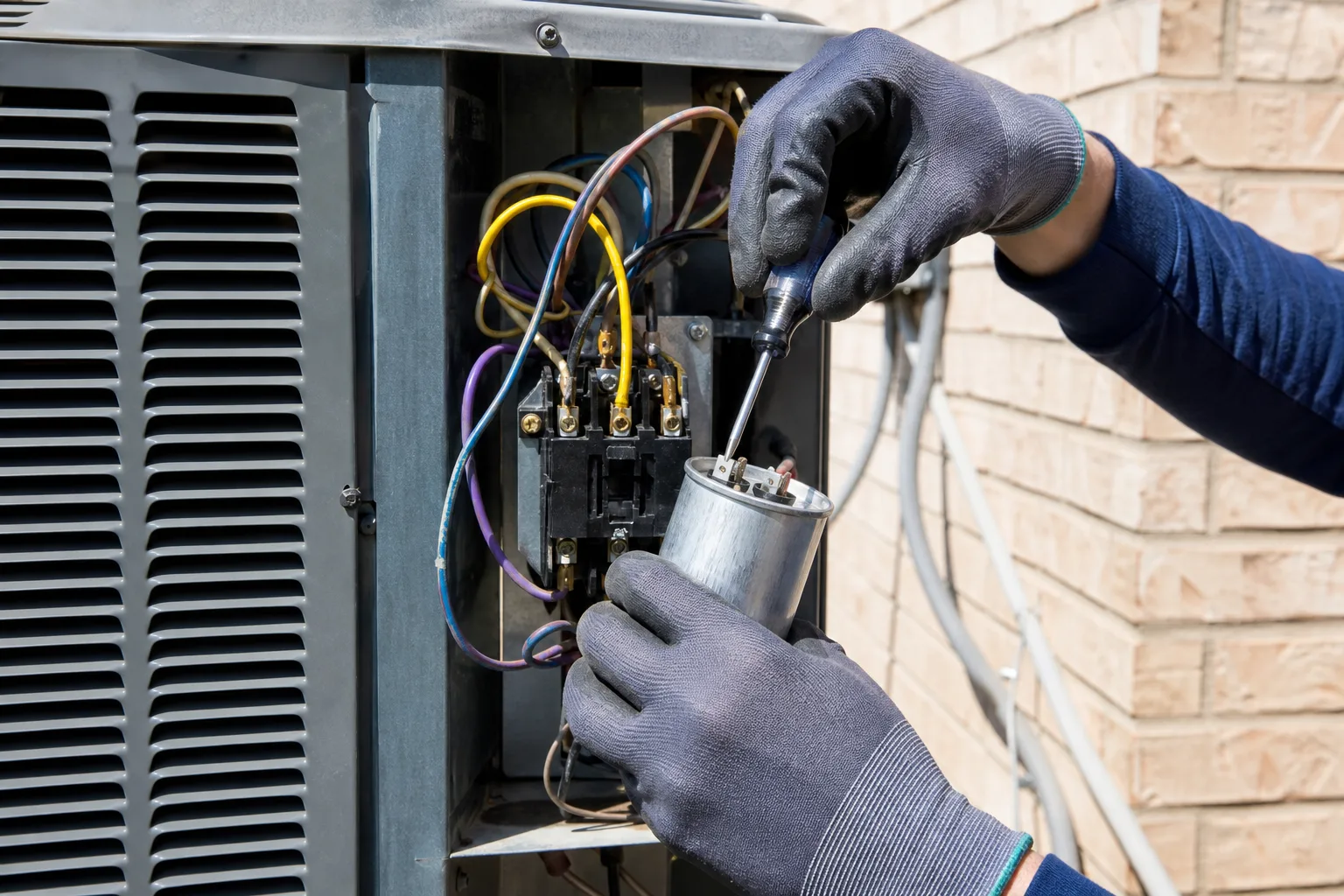 Technician replacing a capacitor in an outdoor AC unit