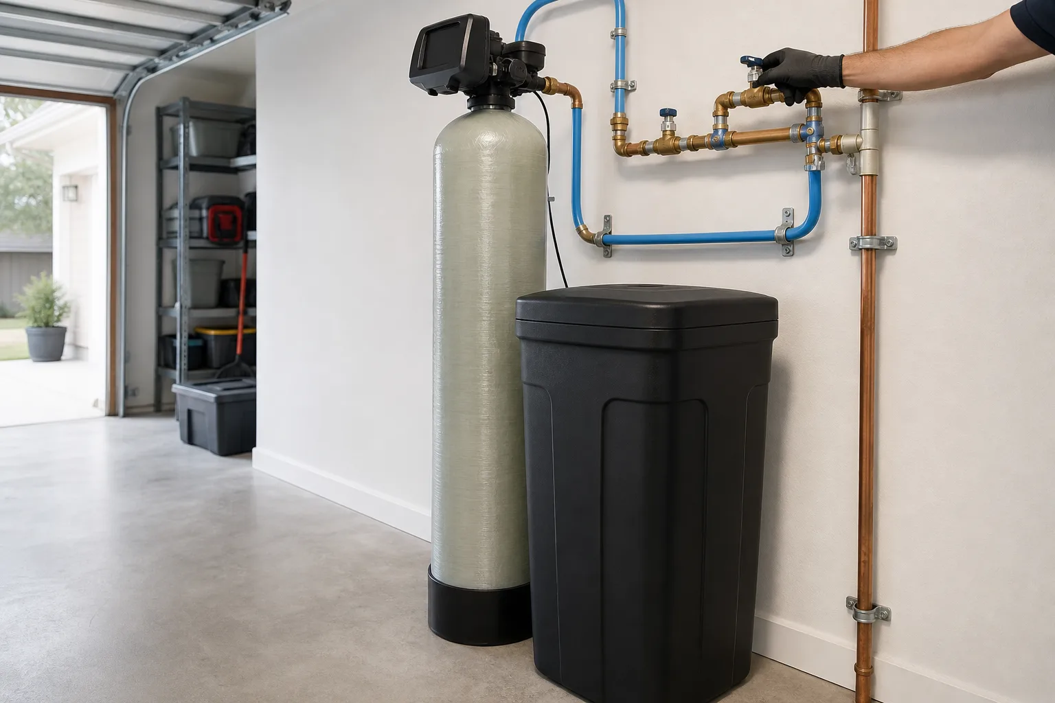 Water softener resin tank and brine tank installed in a garage