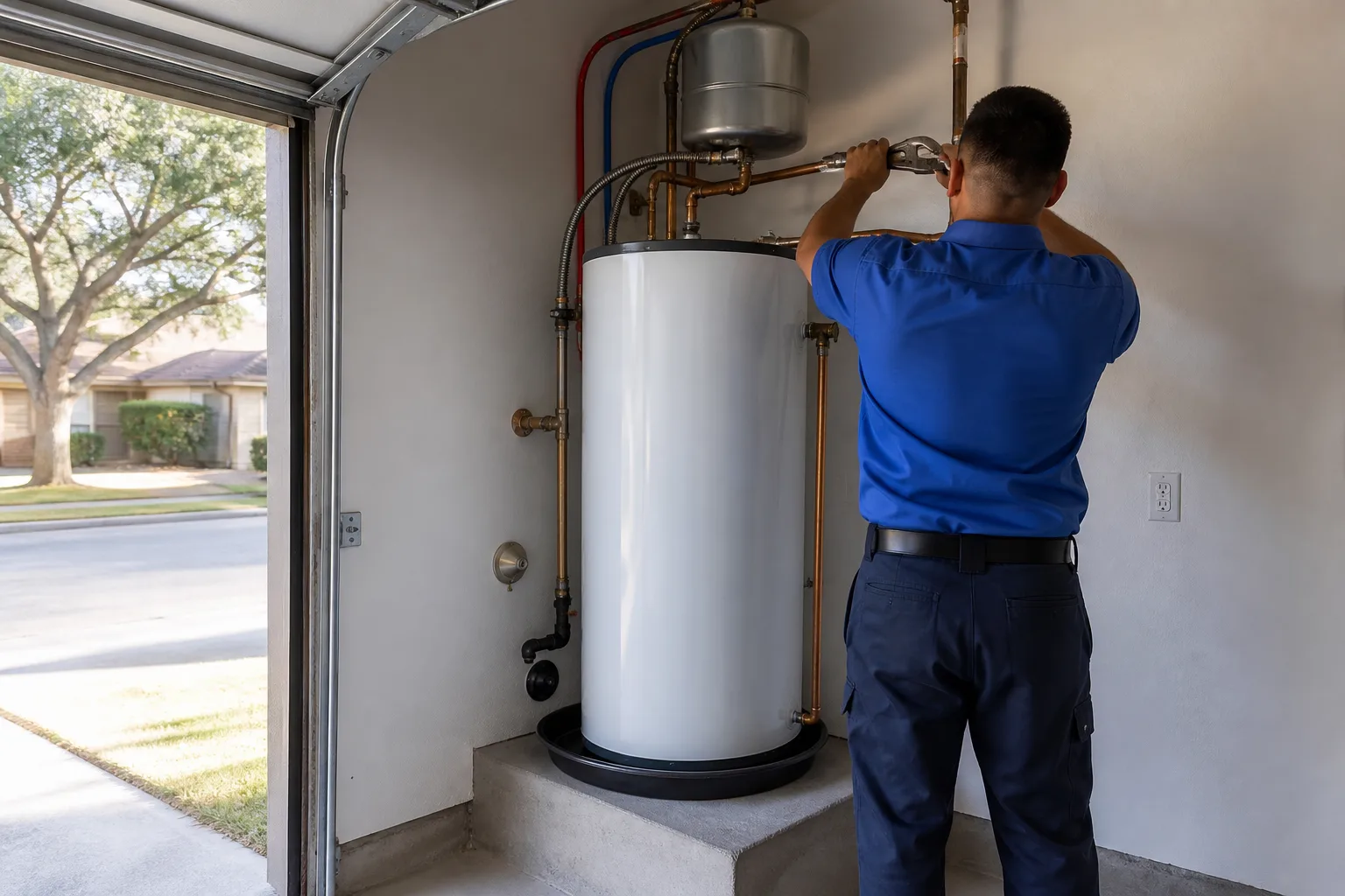 Plumber connecting a new tank water heater in an Austin garage